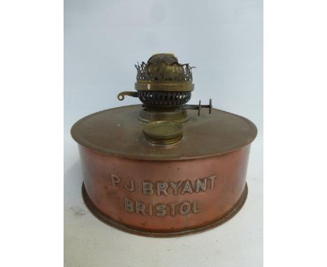 A copper lamp reservoir stamped P. J. Bryant Bristol, 9 x 3 1/4 ".