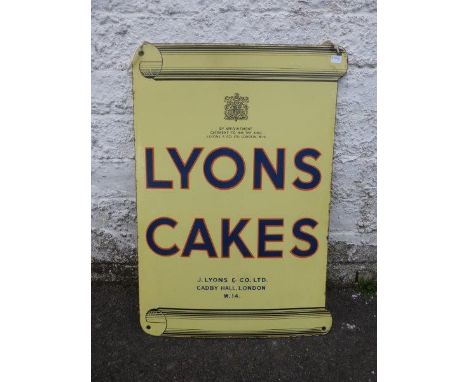 A Lyons Cakes double sided hanging enamel sign in good condition - "By Appointment Caterers to H. M. The King", 14 1/2 x 21 1