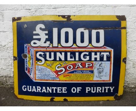 A Sunlight Soap "£1000 Guarantee of Purity" pictorial packet rectangular enamel sign, 36 x 27 1/".