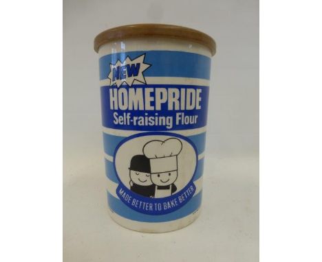 A Spillers Limited Homepride Self-Raising Flour cylindrical ceramic canister by Crown Devon, with original lid, dated 1979.