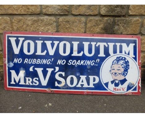 A Volvolutum Mrs. "V" Soap part pictorial enamel sign, 48 x 21".