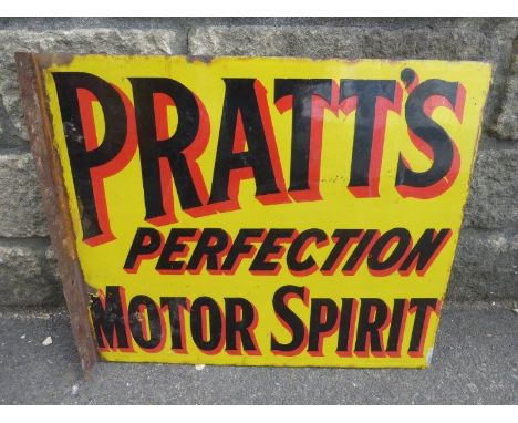 A Pratt's Perfection Motor Spirit double sided enamel sign with hanging flange, by Bruton of Palmers Green, 21 1/4 x 18".