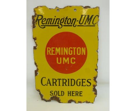 A "Remington - UMC Cartridges Sold Here" rectangular double sided enamel sign, by Willing & Co. Ltd of London, 8 1/4 x 12 1/2