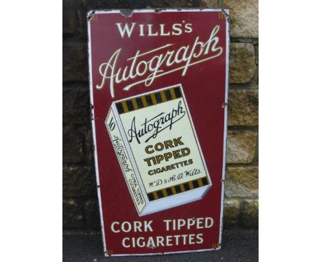 A Wills's Autograph Cork Tipped Cigarette pictorial packet rectangular enamel sign in good condition, 18 x 36".