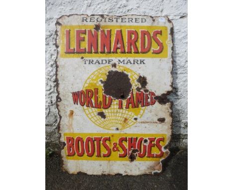 A Lennards World Famed Boots & Shoes rectangular enamel sign, 13 1/4 x 19/ 1/2".