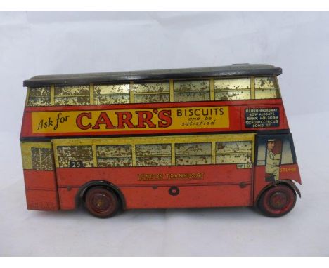 A Chad Valley tinplate model of a London bus advertising Carr's Table Water Biscuits, varnished.