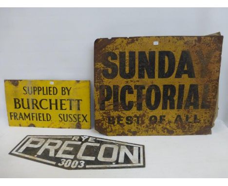 A Sunday pictorial "Best of all" tin fronted newspaper holder, a shaped enamel sign for Precon of Rye and a small enamel sign