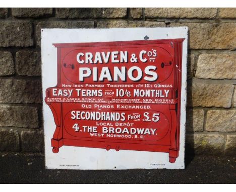 A Craven & Co's Pianos pictorial enamel sign by Chromo, with some restoration, 30 x 30".
