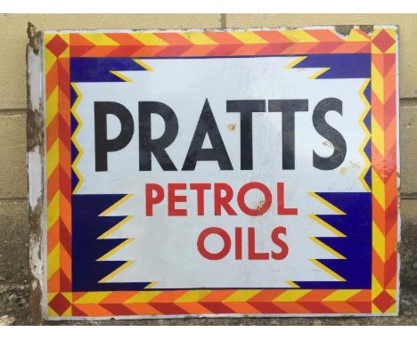 A Pratts Petrol Oils double sided enamel sign with hanging flange, of bright Art Deco design, with some restoration, 22 x 18"