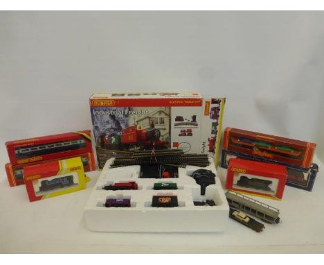 A boxed Hornby Industrial Freight set, a boxed Caledonian Railways tank engine, a G.W.R tank engine and Hornby carriages etc.