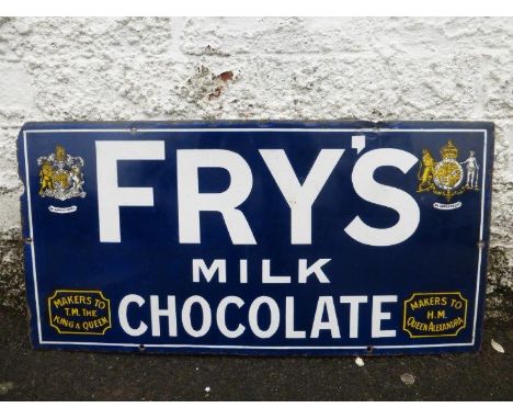 A Fry's Milk Chocolate rectangular enamel sign of unusual size with two Royal crests, 24 x 12".