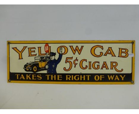 A reproduction "Yellow Cab" 5c Cigar part pictorial enamel sign, 18 x 6".