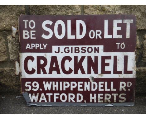 A To Be Sold or Let J. Gibson Cracknell double sided enamel sign with hanging flange, 20 x 16".