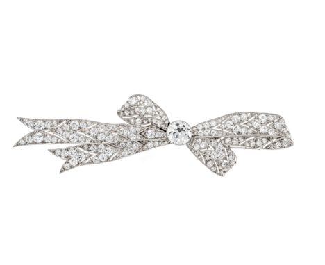 Hochkarätige Art Déco Schleifen-Brosche Platin und GG 585/000 ungest., gepr., mit einem Altschliff-Diamanten ca. 2,0 ct Feine