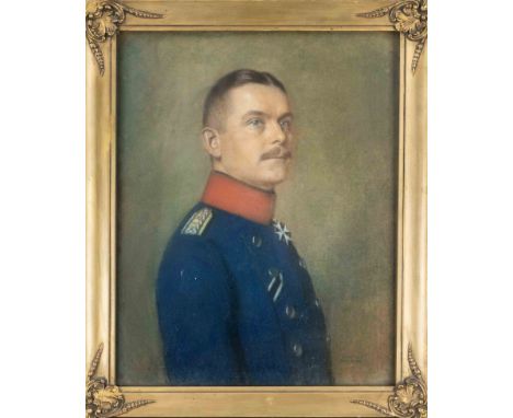 Rudolf Weber, Bildnismaler Anfang 20. Jh., Portrait eines Soldaten in rot-blauer Uniform mit weißem achtspitzigen Kreuz, Past