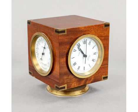 Imhof - Tisch-Wetterstation, Schweiz, 20. Jh., Mahagoni, Messing. Würfelform auf Fuß mit Uhr, Thermometer, Hydrometer und Bar