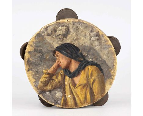 Tamburin, Nordafrika, Anfang 20. Jh., ornamental verzierter Rahmen mit Perlmutt- und Bein-Einlegearbeiten, Öffnungen mit Sche