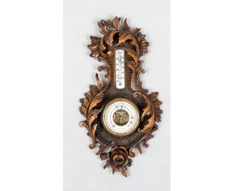 Wandbarometer, Holland, Ende 19. Jh. Passig geschweiftes und mit Blattwerk beschnitztes Wandteil, Thermometer mit Quecksilber