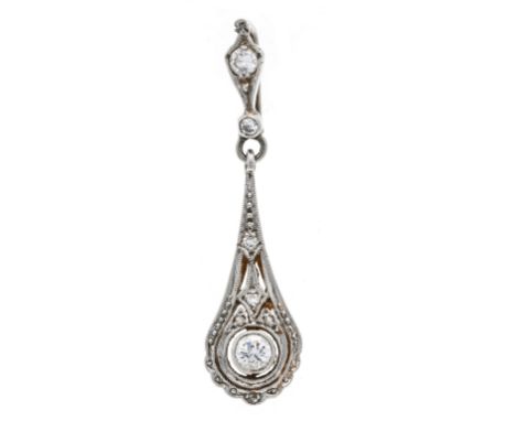 Art-Deco-Anhänger GG 585/000 und Platin mit einem Altschliff-Diamanten 0,12 ct W/SI und 5 Diamantrosen, L. 33 mm, 1,8 g