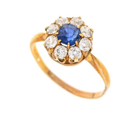 Saphir-Altschliff-Diamant-Ring GG 585/000 mit einem im Cushion Square-Schliff fac. Saphir 0,35 ct leuchtendes Blau, transpare