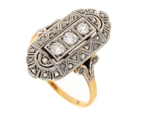 Art Déco Schiffchen-Ring GG/WG 585/000 mit 3 Altschliff-Diamanten, zus. 0,17 ct W/SI und 30 Diamantrosen 1-1,2 mm, RG 49, 3,2