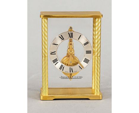Jaeger LeCoultre Tischuhr, Ref. 562, selten, 60iger Jahre, Messing vergoldet, poliert und satiniert, allseitig verglast, silb