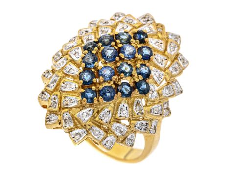 Edelstein-Diamant-Ring GG/WG 333/000 mit 16 rund fac. blauen Edelsteinen 2,3 mm, Blau, transparent - transluzent, und 48 Acht