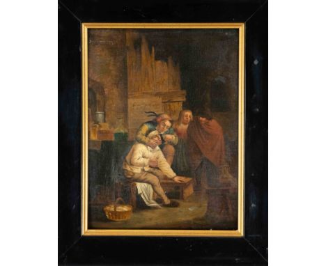 Anonymer Maler des 19. Jh., Genreszene ''Beim Zahnarzt'' in der Art der Niederländer des 17. Jh., Öl auf Holz, unsign., 24 x 