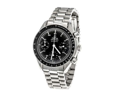 Omega Speedmaster Automatik Chronograph, Stahl, Ref. 175 0032, um 1988, Uhrwerk Omega Cal. 1140 / ETA 2890-2 läuft, schwarzes