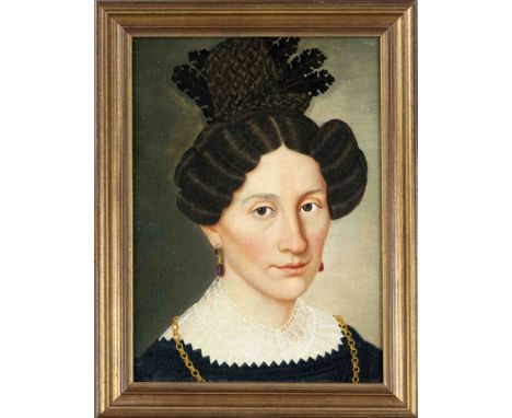 Anonymer Bildnismaler des Biedermeier 1. H. 19. Jh., Portrait einer bürgerlichen Frau mit Spitzendecolleté und kunstvoll gefl