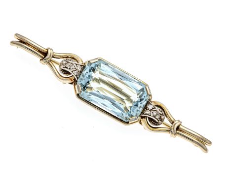 Art-Deco-Brosche GG 585/000 mit einem im Smaragdschliff fac. Aquamarin 11,04 ct, Blassblau, transparent mit wenig inneren Mer