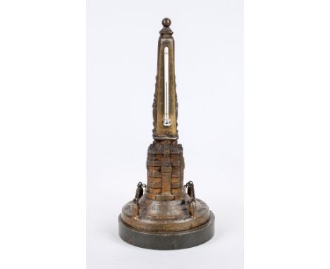 Tisch-Thermometer, Ende 19. Jh., bronzierter Metallguss. In Gestalt eines Monumentes, Quecksilbersäule mit 2 Skalen, H. 22 cm