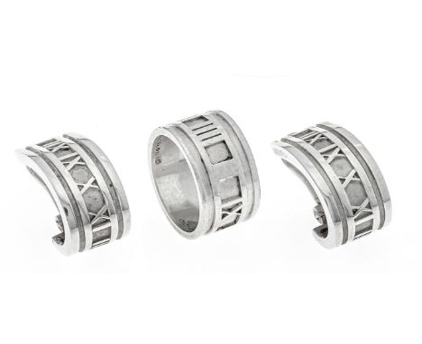 2-teiliges Tiffany-Set mit Römischen Ziffern Silber 925/000, Clipohrstecker L. 24 mm, Ring RG 57, TIFFANY &amp; Co. 1995 Ital