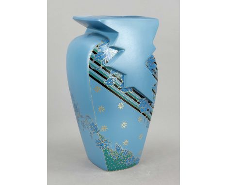 Künstlervase, Rosenthal, Marke nach 1957, Entwurf Yang, Design Madura,  blau-graue Vase mit Blumendekor in Blau, Grün, Schwar