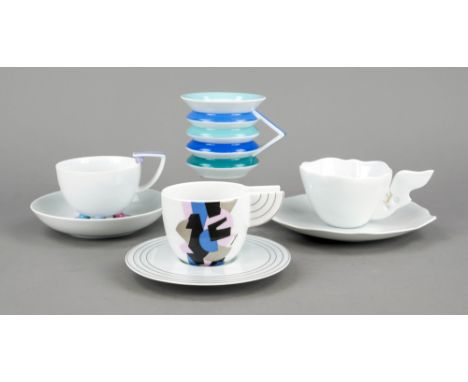 3 Künstlertassen mit UT und ein Becher, Rosenthal, Studio-Line, Marke nach 1962, Künstlertasse Nr. 16, Entwurf Ambrogio Pozzi