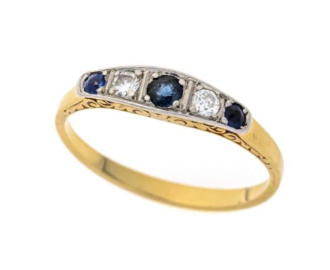 Art Déco Saphir-Altschliff-Diamant-Ring GG/WG 585/000 mit 3 rund fac. Saphiren 3,0 - 1,7 mm, Blau, transparent mit wenig innr