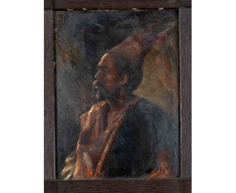Anonymer Maler des 19. Jh., kleines Portrait eines Arabers mit Fez, Öl auf Karton, unsign., 23 x 17 cm, ger. 32 x 26 cm