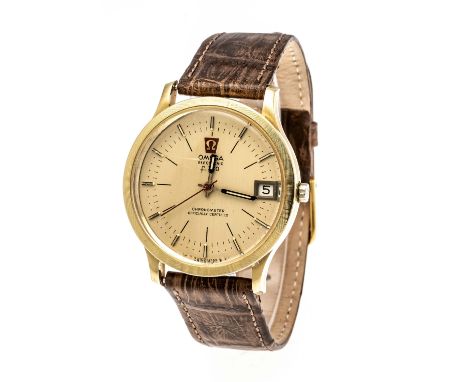Omega Electronic Chronometer Armbanduhr, F 300, 750/000 GG, Ref. 198003, Stimmgabel Omega Cal. 1250 / ESA 9162 läuft, goldf. 