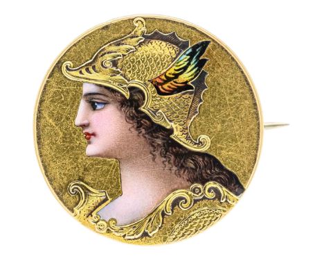 Jugendstil-Schildbrosche GG 750/000 ungest., gepr., mit Portrait eines Jungen Kriegers in Rüstung, fein ziseliert mit bemalte