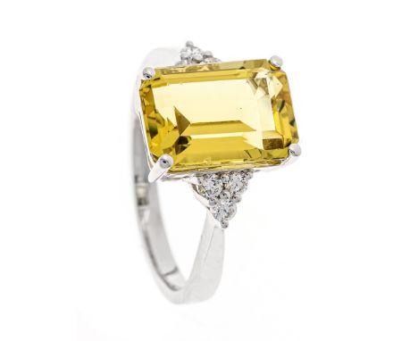 Gelber Beryll-Brillant-Ring WG 750/000 mit einem im Smaragdschliff fac. gelben Beryll 5,06 ct intensives leicht grünstichiges