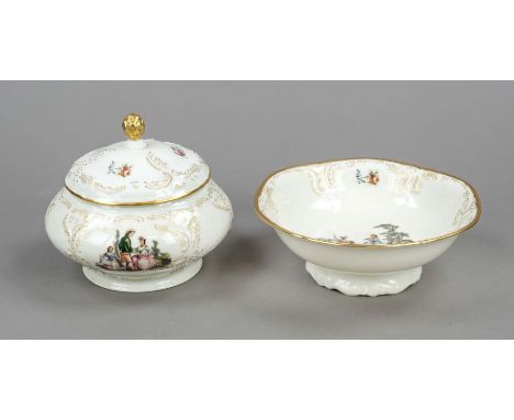 Bonbonniere und Fußschale, Rosenthal, Classic Rose, Marken nach 1975, Form Sanssouci, Dekor Höroldt-Arkadien, beige mit Zierv