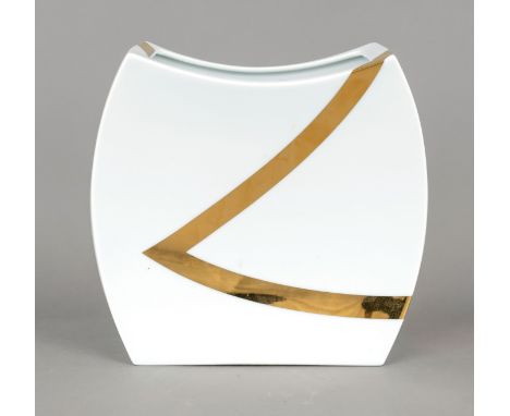 Vase, Rosenthal, Marke nach 1957, Flachgedrückte Form mit strengem Liniendesign in Gold auf weißem Scherben,  25 x 27 x 10 cm