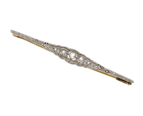 Art Deco Altschliff-Diamantrosen-Brosche GG/WG 585/000 mit 3 Altschliff-Diamanten, zus. 0,12 ct W/SI und Diamantrosen, L. 70 