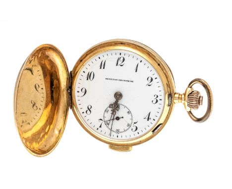 1/4 Stunden Repetitionstaschenuhr, Chronometer, Sprungdeckel, 585/000 GG, 2 Deckel Gold, guillochiertes Gehäuse, weißes Email