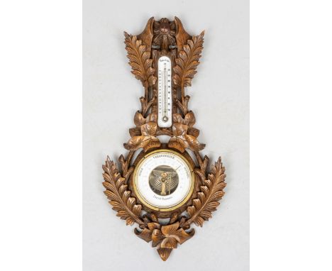 Wandbarometer, Holland, 19./20. Jh., durchbrochen gearbeitetes Wandteil aus Lindenholz? ornamental beschnitzt mit Laub. Therm
