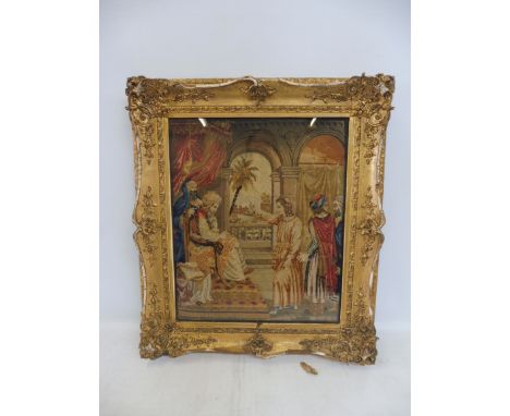 A Victorian gros pointe tapestry panel depicting King David and Nathan, 14 1/2 x 17 1/2".
