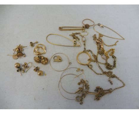 A selection of mixed gold and yellow metal including an 18ct gold wedding band (2g), eight pairs of earrings, some named. Ove