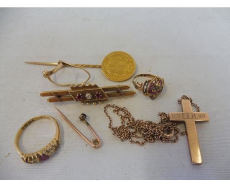 A selection of gold and yellow metal including an 18ct gold ring set with rubies and diamonds (one stone missing), approx. 3.