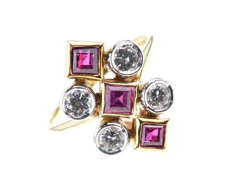 18ct gold ruby and diamond dress ring, the four brilliant cut diamonds totalling approximately 0.48 carats, size O, 4.8g gros