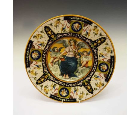 Italian maiolica dish, probably Florence, circa 1900, decorated with a scene of the Muse of Poetry after Raphael (Raffaello S